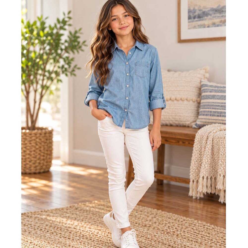 Cat & Jack Kids Chambray Button Up Top, Size L (10-12)